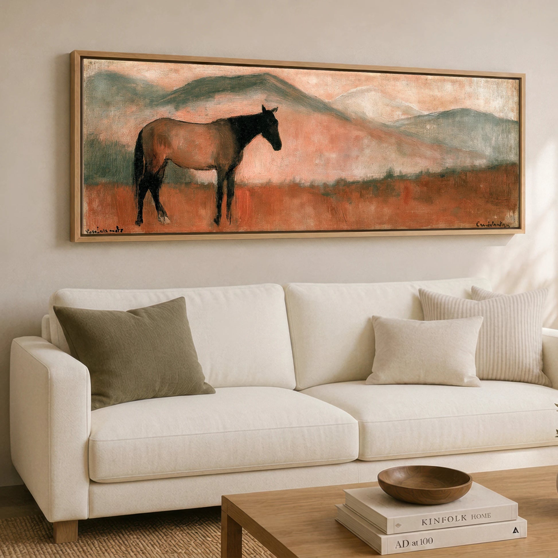 Terracotta Horizon Horse Landscape panoramic canvas wall art displayed above a sofa