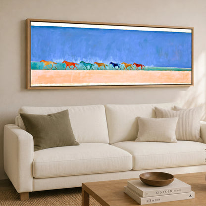 Rhythm of the Coast Beach Horse panoramic canvas wall art displayed above a sofa