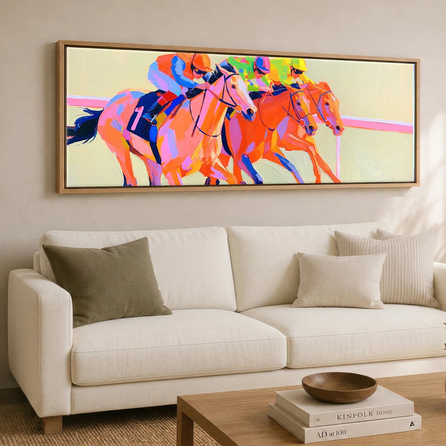 Vivid Finish Line Racing Horse panoramic canvas wall art displayed above a sofa