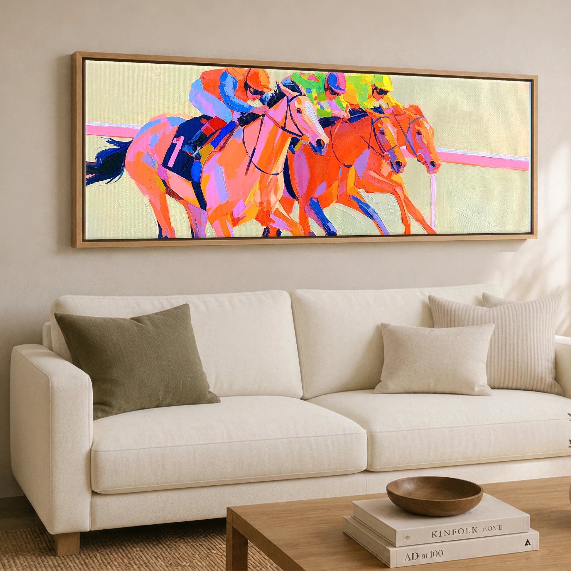 Vivid Finish Line Racing Horse panoramic canvas wall art displayed above a sofa