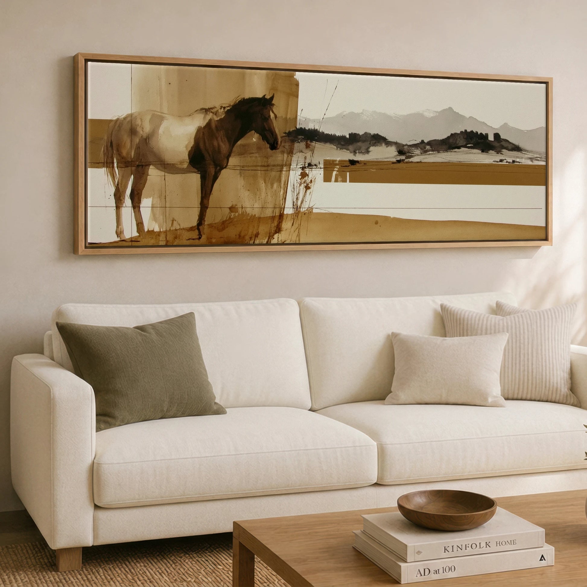 Sepia Horizon Horse Landscape panoramic canvas wall art displayed above a sofa