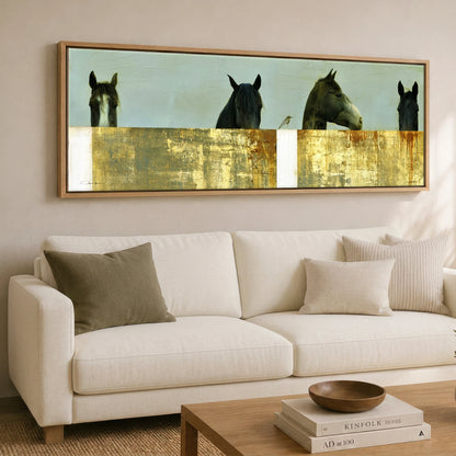 Quiet Observers Horse Stable panoramic canvas wall art displayed above a sofa
