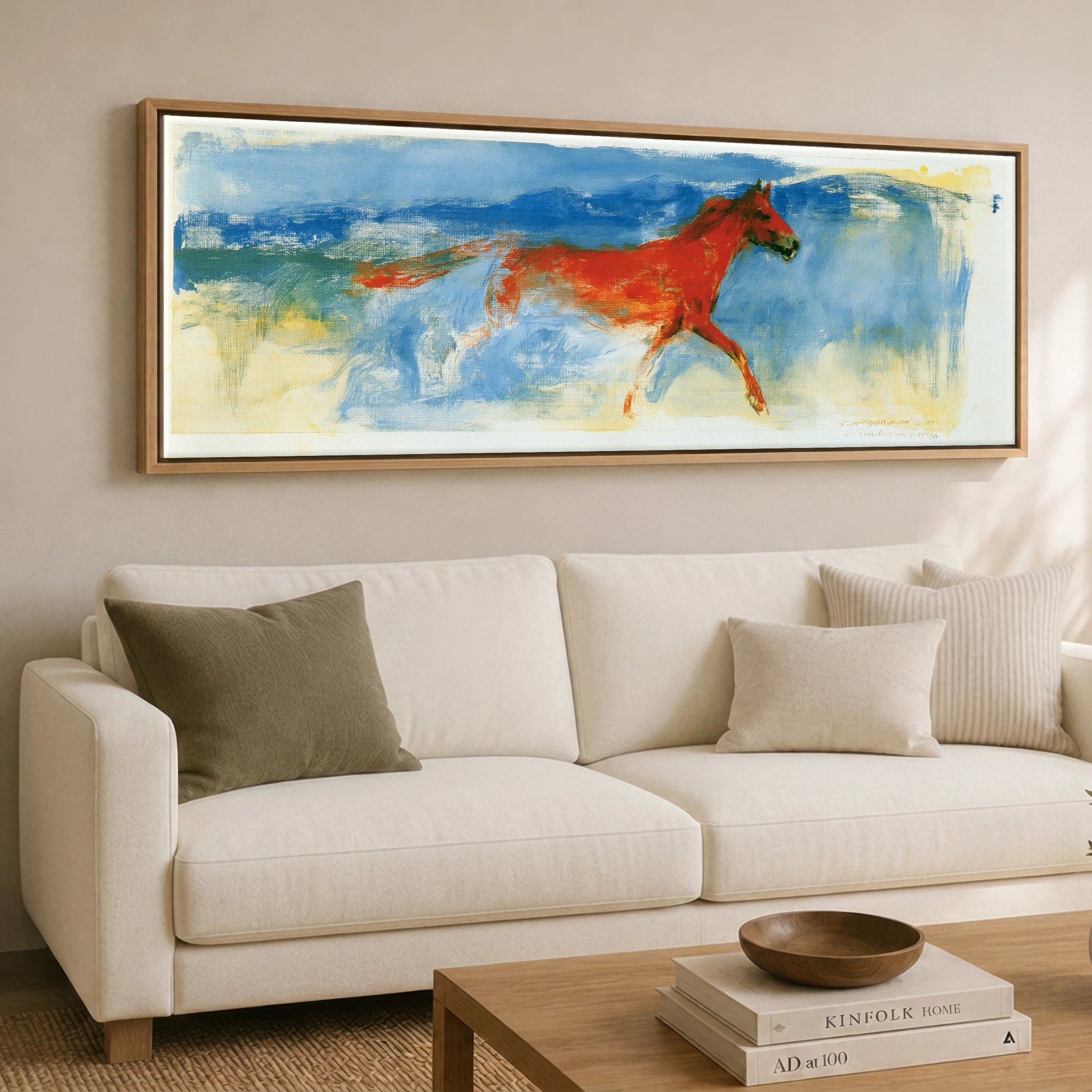 Cobalt and Crimson Canter Horse Landscape panoramic canvas wall art displayed above a sofa