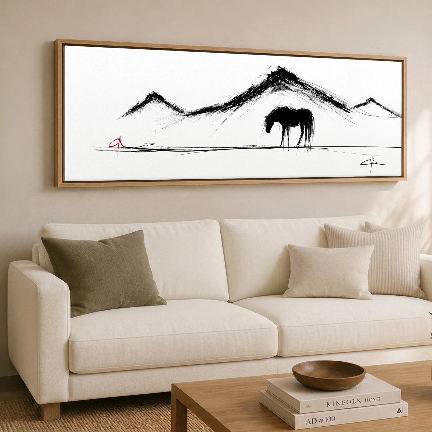 Silent Peaks Grazing Horse Landscape panoramic canvas wall art displayed above a sofa