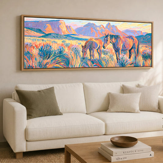 Painted Valley Grazing Horse Landscape panoramic canvas wall art displayed above a sofa