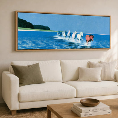 Through the Azure Shallows Horse Landscape panoramic canvas wall art displayed above a sofa