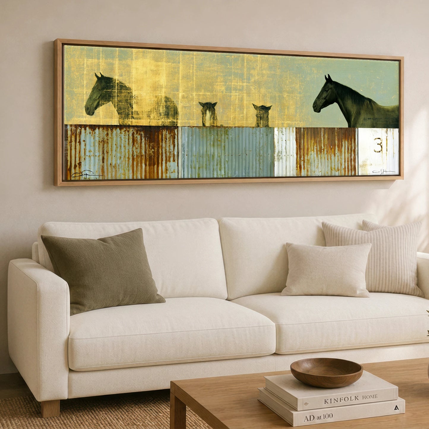 Golden Yard Watch Horse Stable panoramic canvas wall art displayed above a sofa