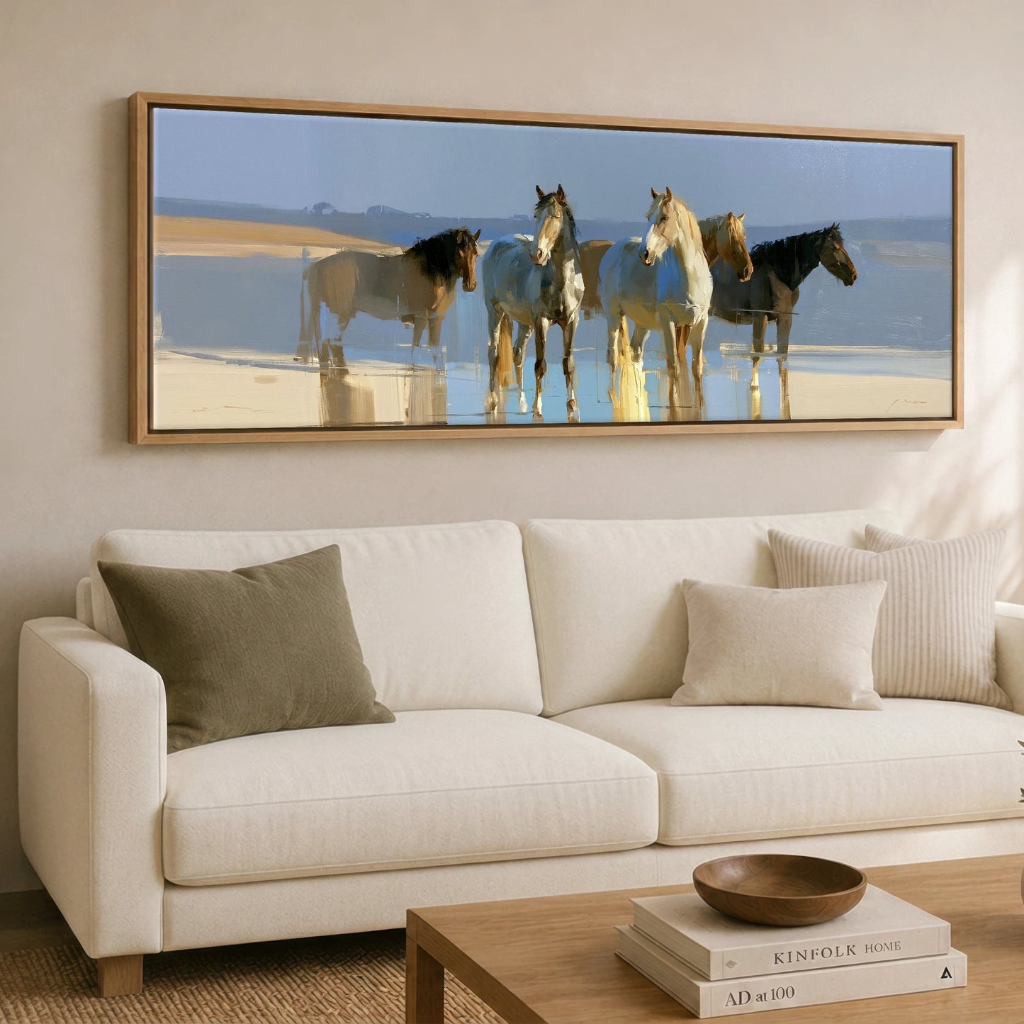 Stillness in the Shallows Horse Landscape panoramic canvas wall art displayed above a sofa