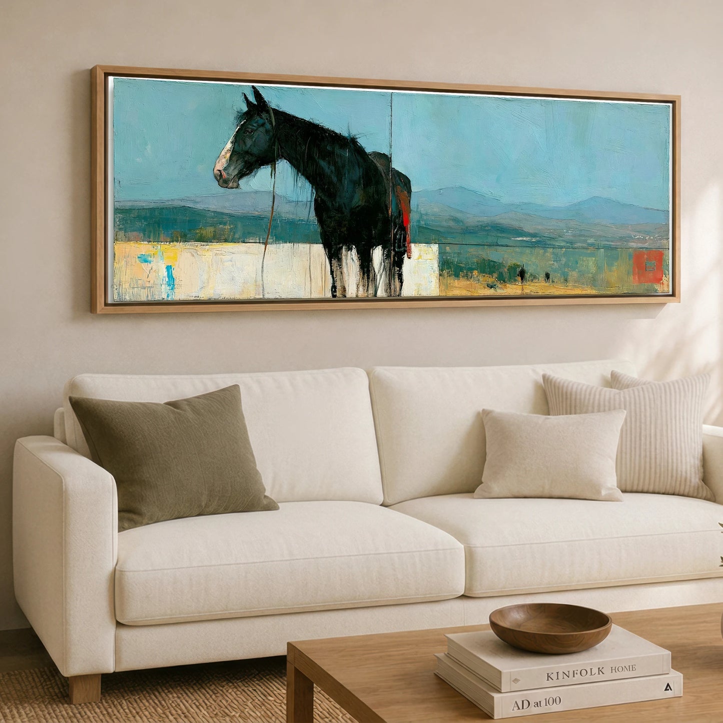 Shadows on the Teal Horizon Horse Landscape panoramic canvas wall art displayed above a sofa