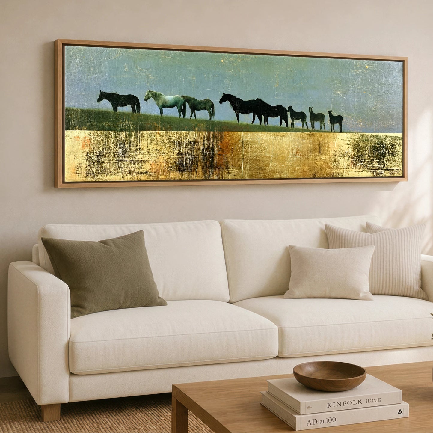 The Gilded Ridge Mare & Foal panoramic canvas wall art displayed above a sofa