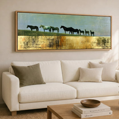 The Gilded Ridge Mare & Foal panoramic canvas wall art displayed above a sofa