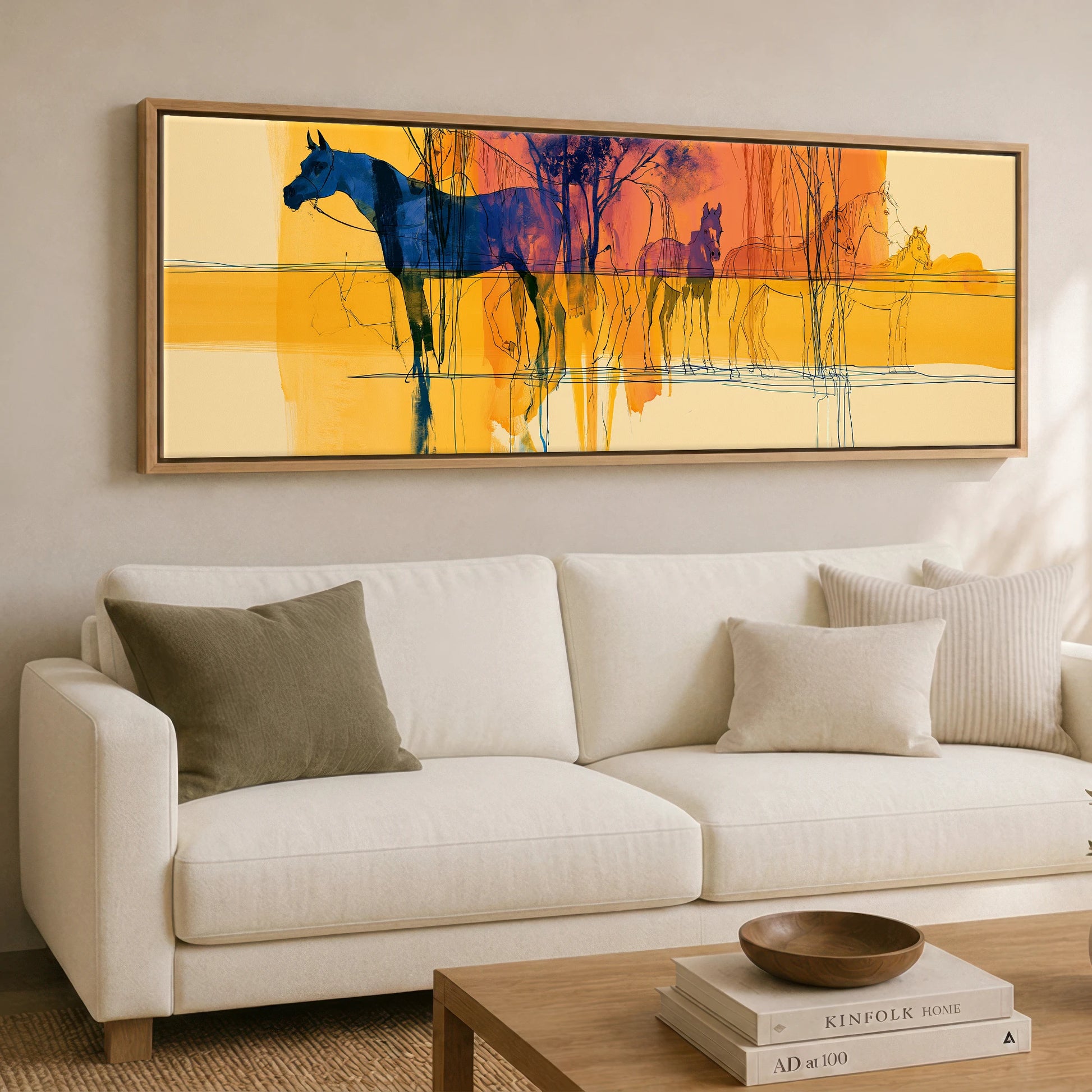 Cobalt and Gold Mirage Beach Horse panoramic canvas wall art displayed above a sofa