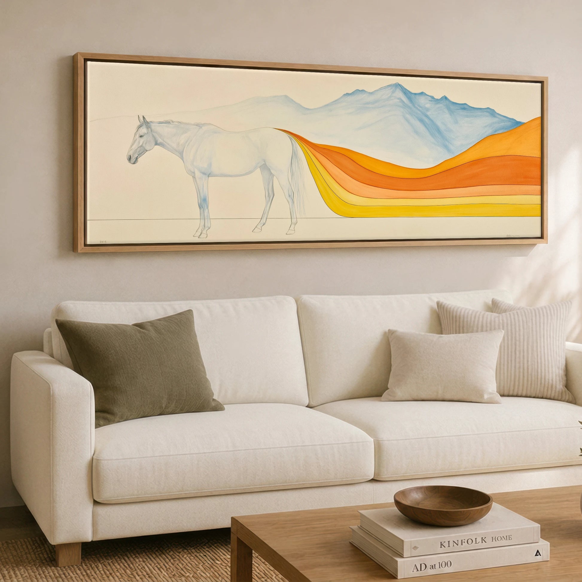 The Flowing Horizon Horse Landscape panoramic canvas wall art displayed above a sofa
