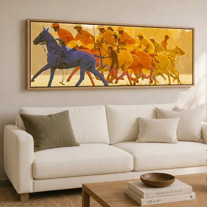 The Cobalt Charge Polo Horse panoramic canvas wall art displayed above a sofa