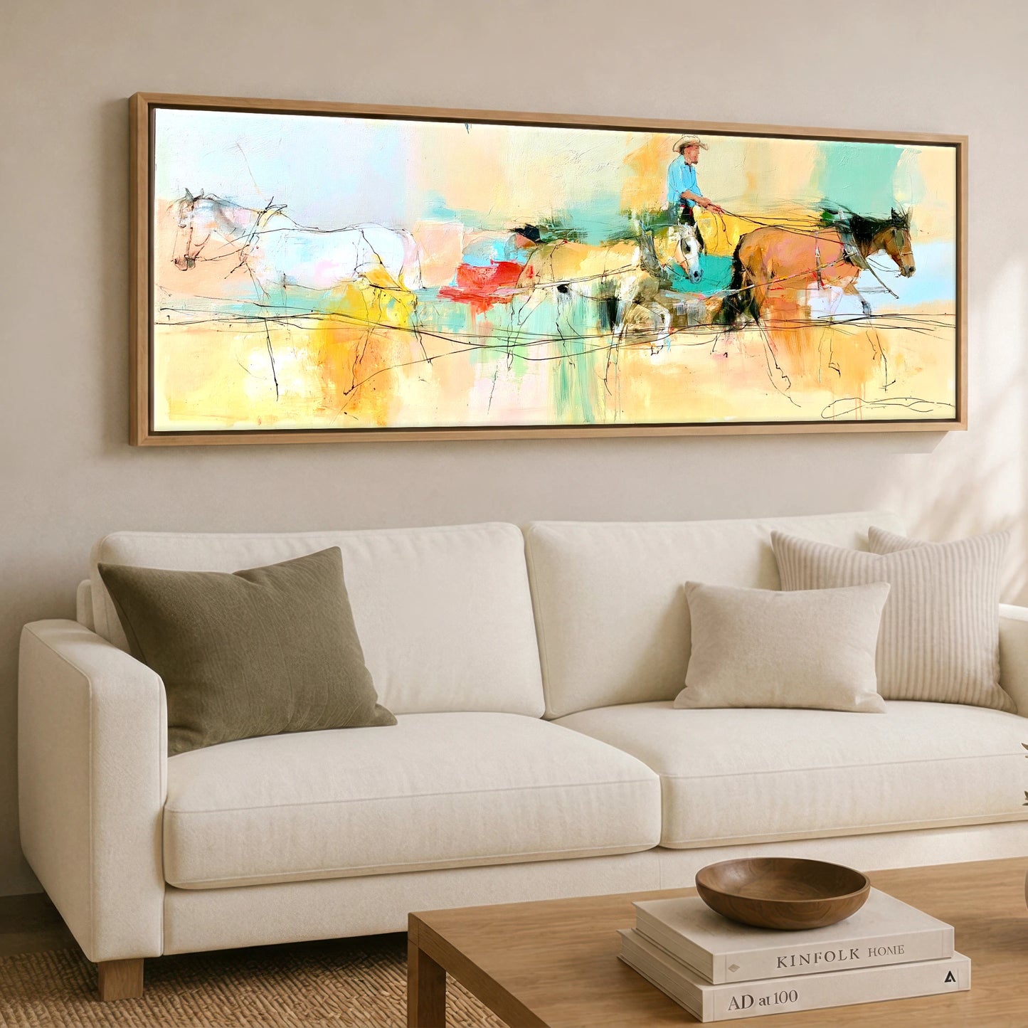 The Painted Drive Working Horse panoramic canvas wall art displayed above a sofa