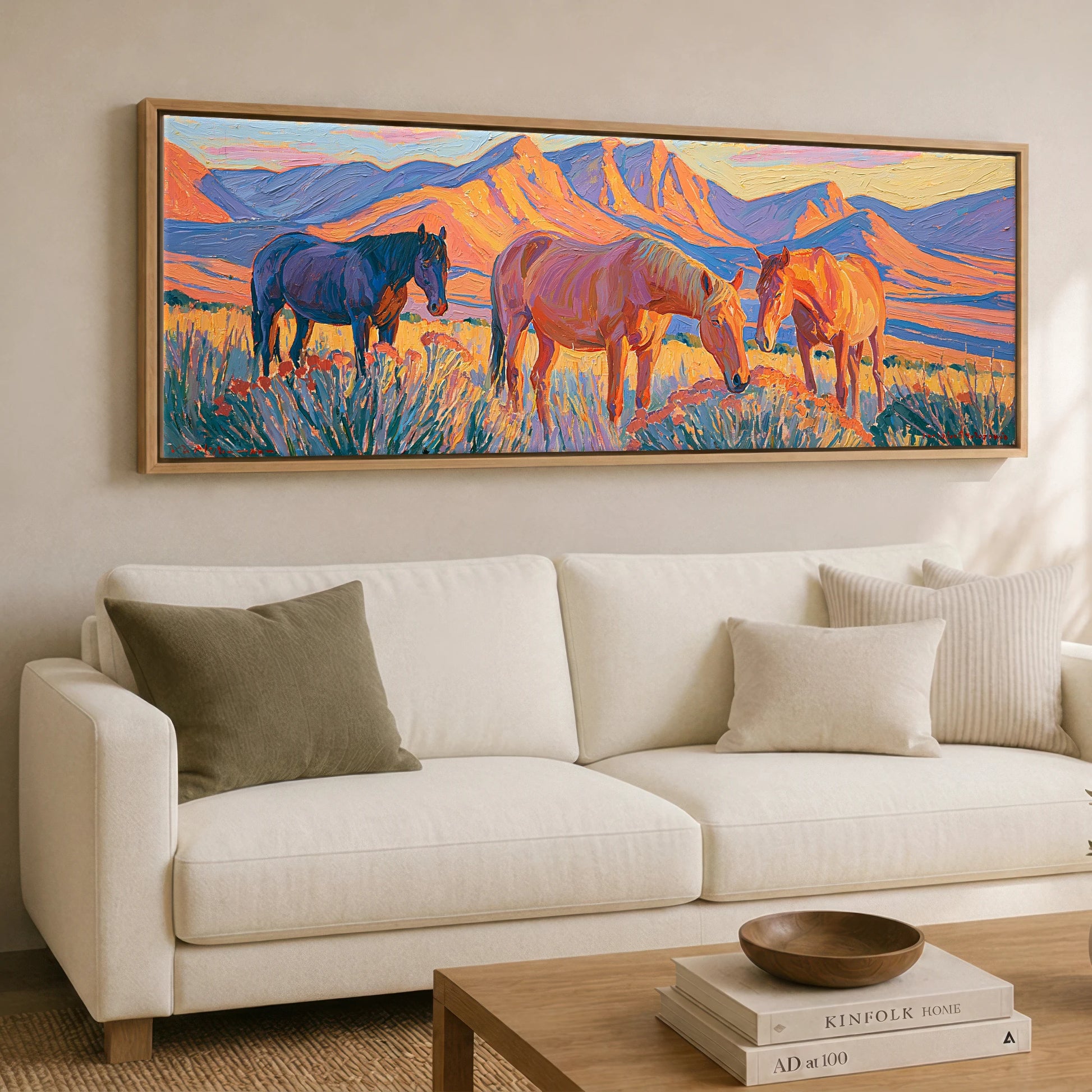 Vibrant Mountain Pasture Horse Landscape panoramic canvas wall art displayed above a sofa