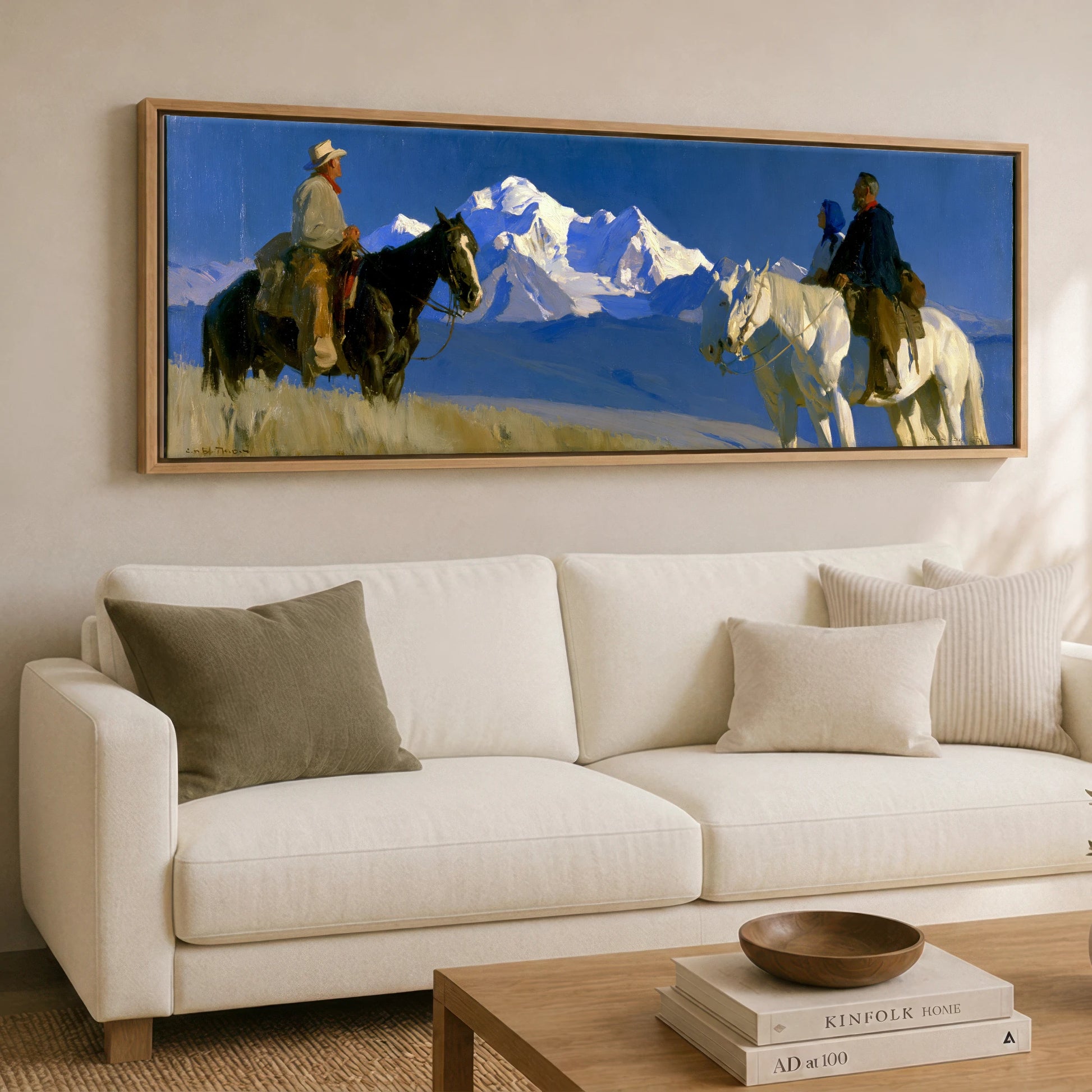 High Country Journey Horse Landscape panoramic canvas wall art displayed above a sofa
