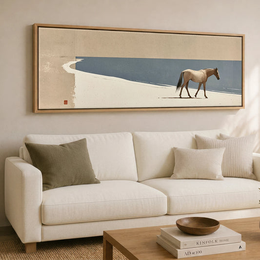 Quiet Shoreline Journey Horse Landscape panoramic canvas wall art displayed above a sofa