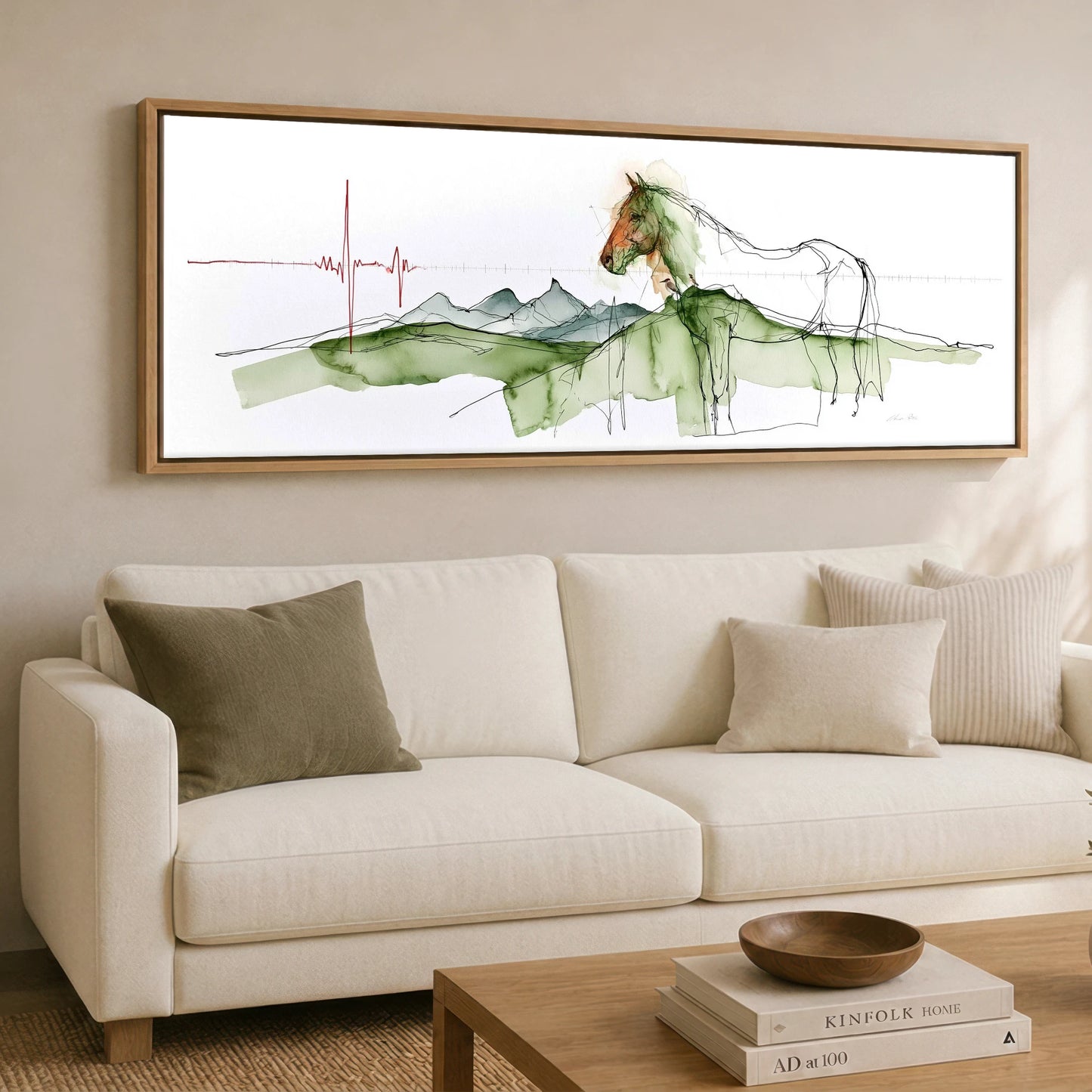 Rhythm of the Land Horse Landscape panoramic canvas wall art displayed above a sofa