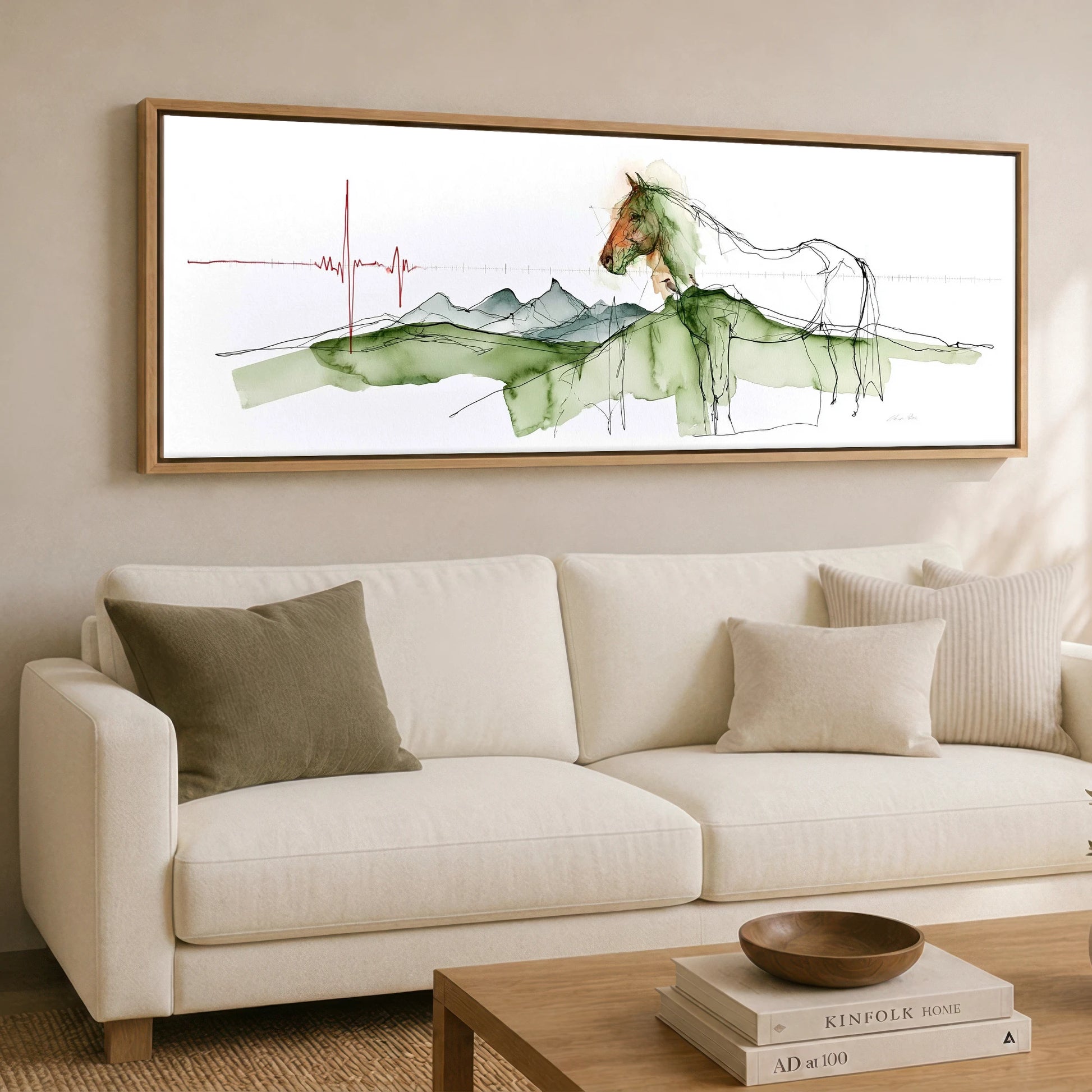 Rhythm of the Land Horse Landscape panoramic canvas wall art displayed above a sofa