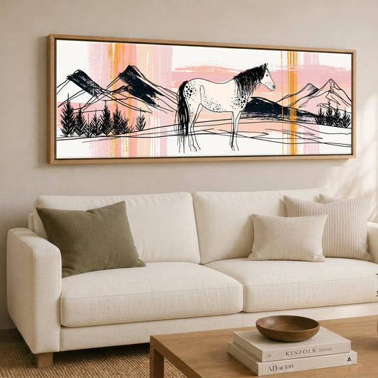Abstract Appaloosa Landscape Horse Landscape panoramic canvas wall art displayed above a sofa