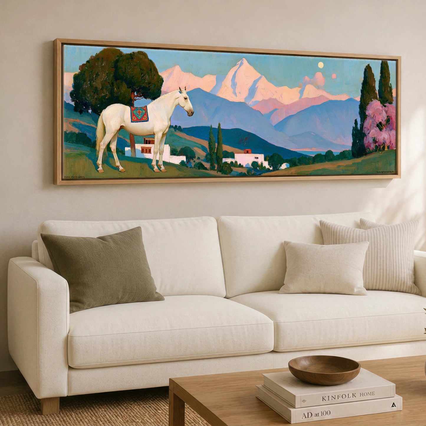 Valley of Dreams Horse Landscape panoramic canvas wall art displayed above a sofa