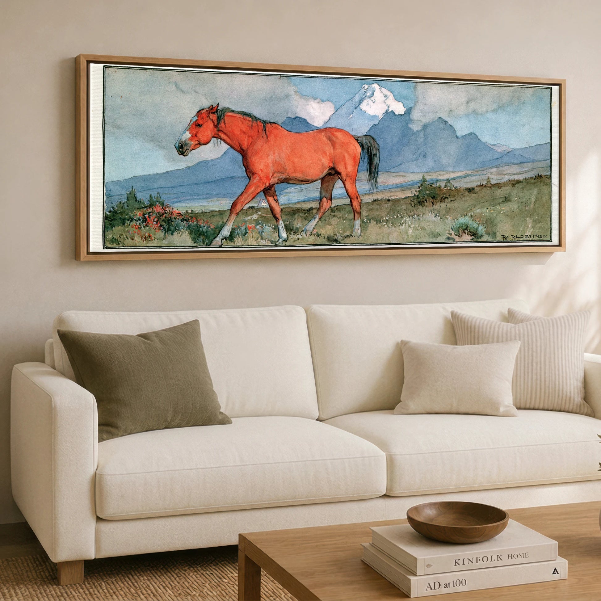 Mountain Wanderer Horse Landscape panoramic canvas wall art displayed above a sofa