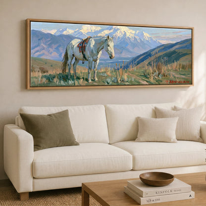 High Country Trail Horse Landscape panoramic canvas wall art displayed above a sofa