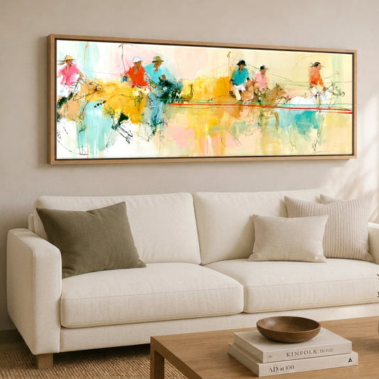 The Final Chukka Polo Horse panoramic canvas wall art displayed above a sofa