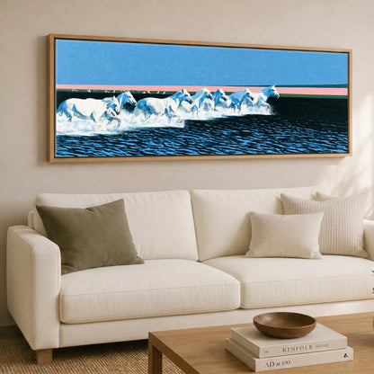 Azure Coastal Gallop Horse Landscape panoramic canvas wall art displayed above a sofa