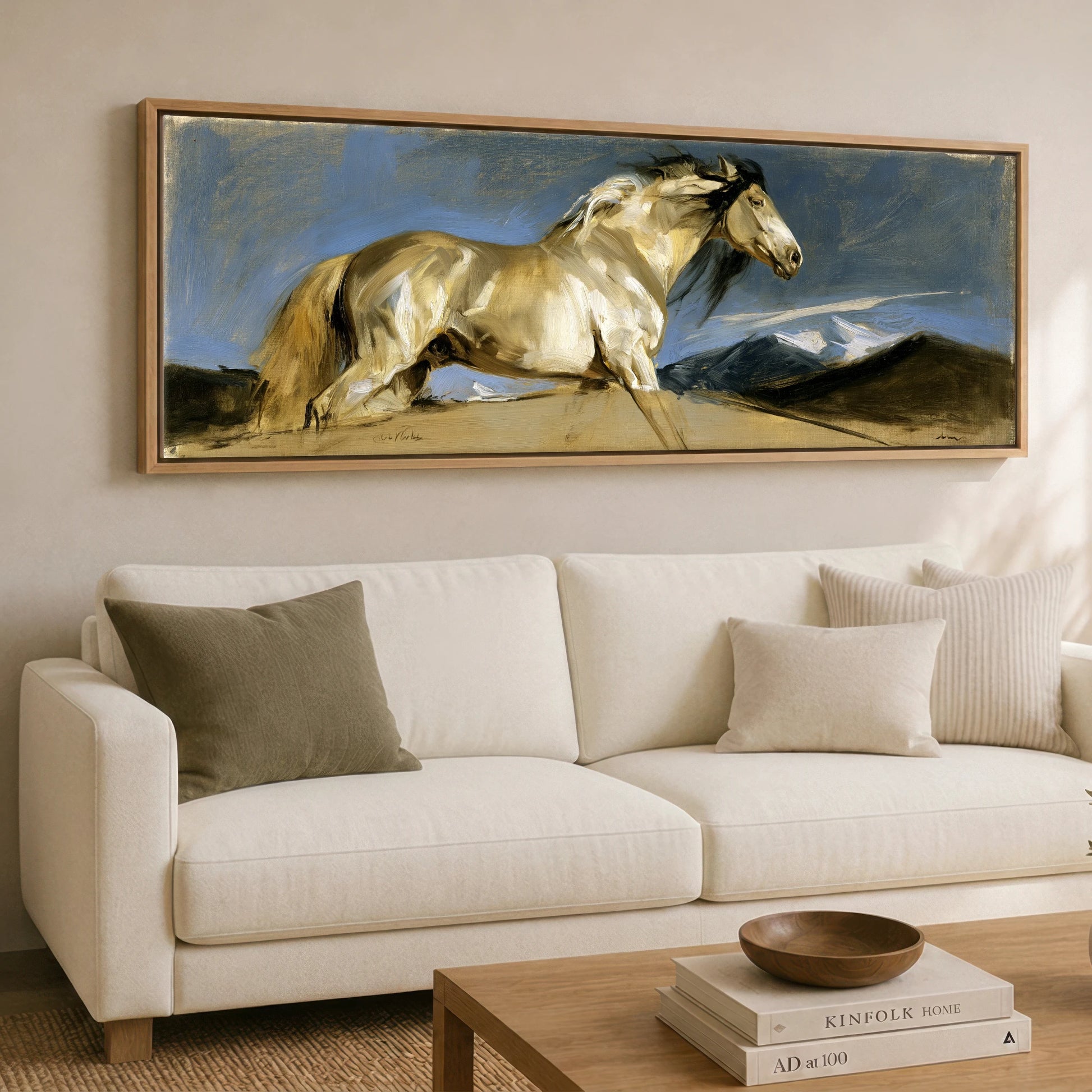 Wild Mountain Gallop Horse Landscape panoramic canvas wall art displayed above a sofa