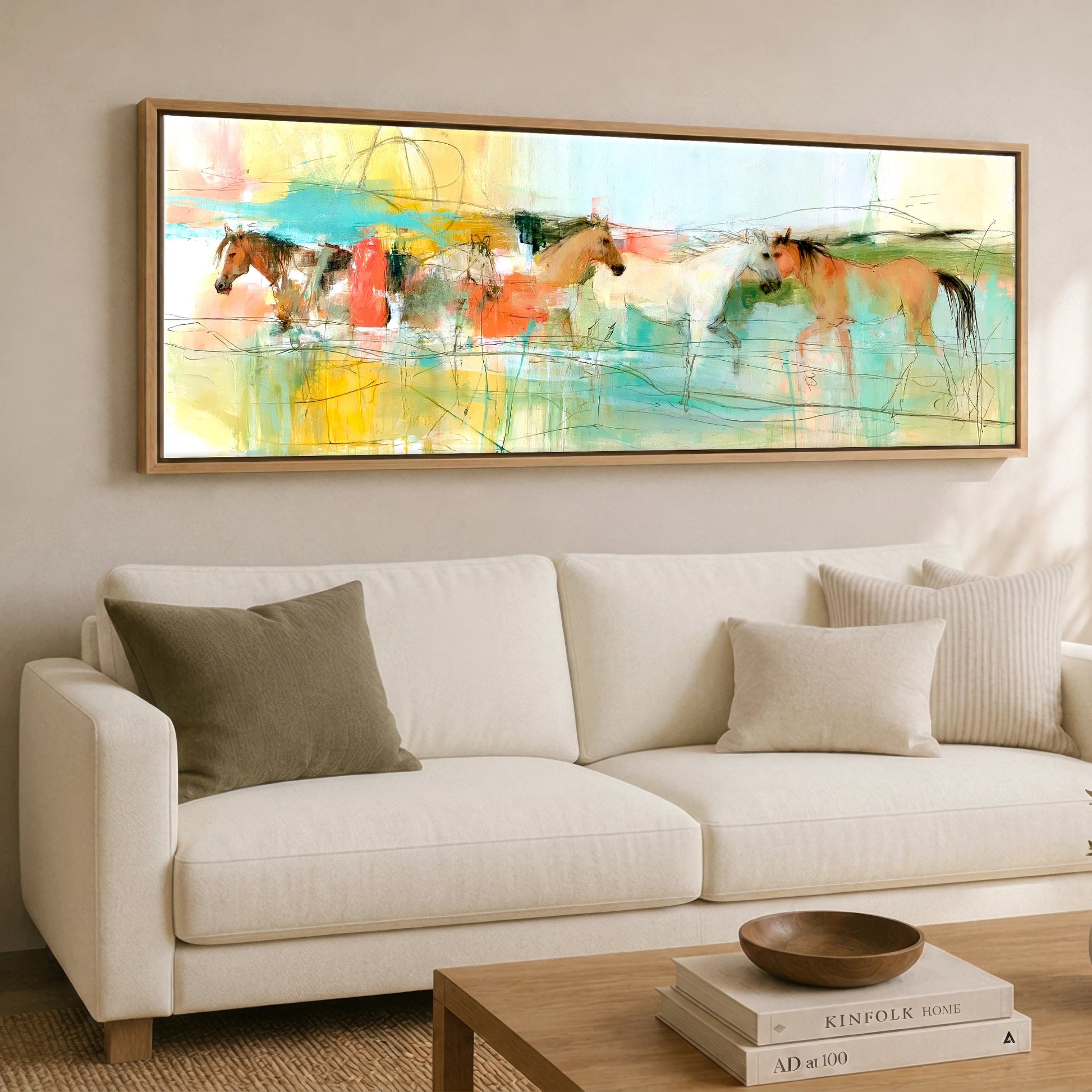 Vibrant Herd Crossing Horse Landscape panoramic canvas wall art displayed above a sofa