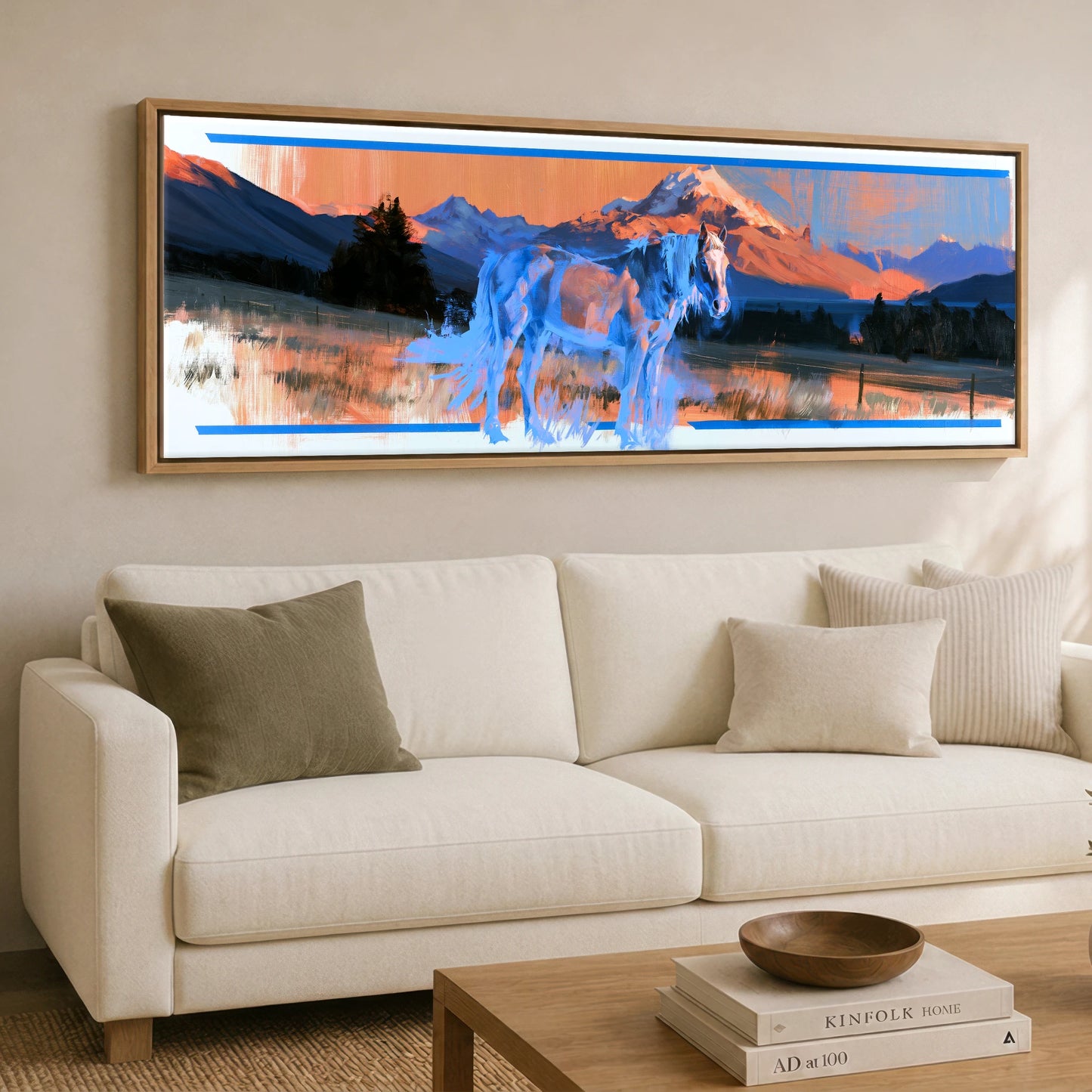 Alpine Glow and Azure Horse Landscape panoramic canvas wall art displayed above a sofa