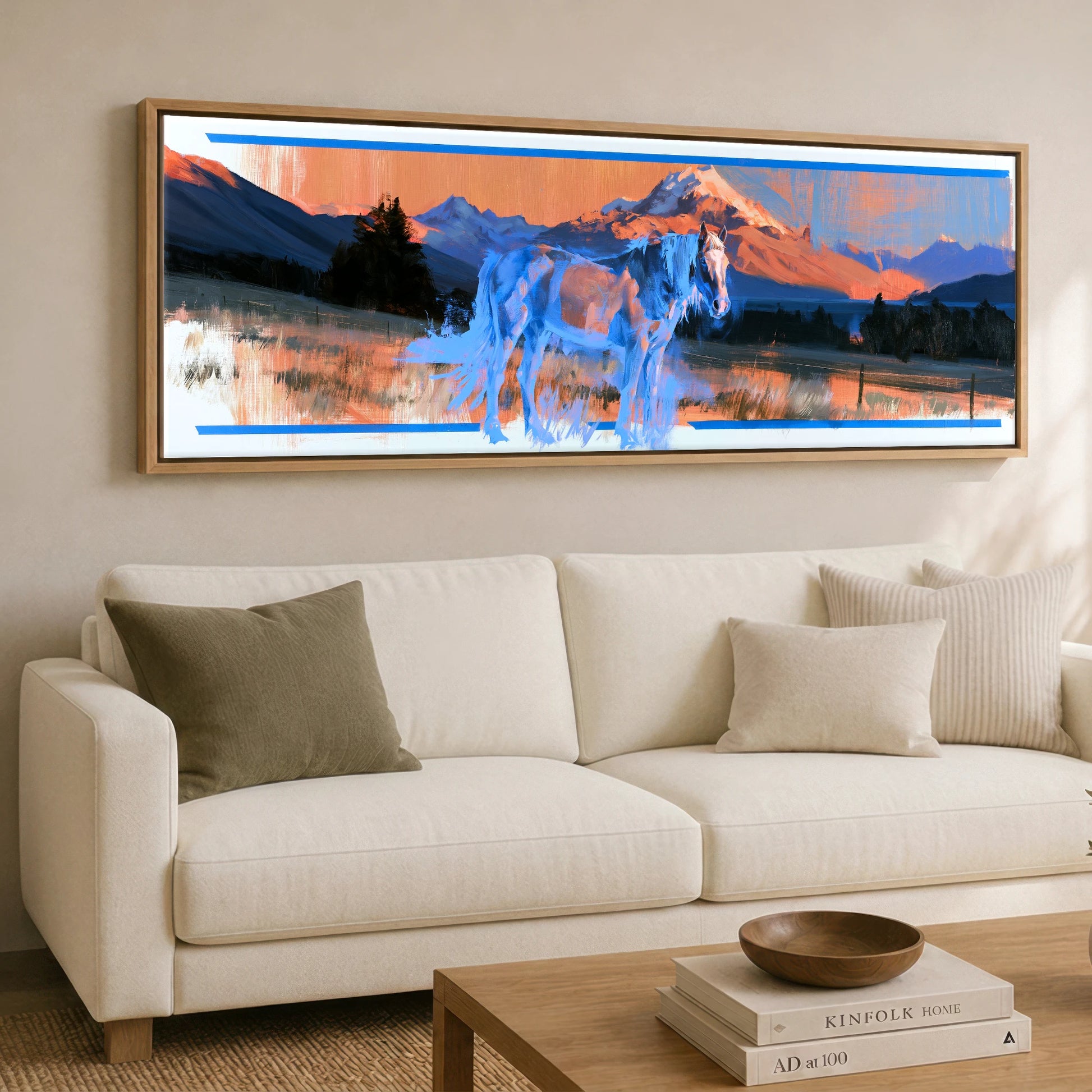Alpine Glow and Azure Horse Landscape panoramic canvas wall art displayed above a sofa
