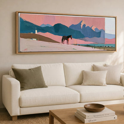 Rose and Teal Horizon Horse Landscape panoramic canvas wall art displayed above a sofa