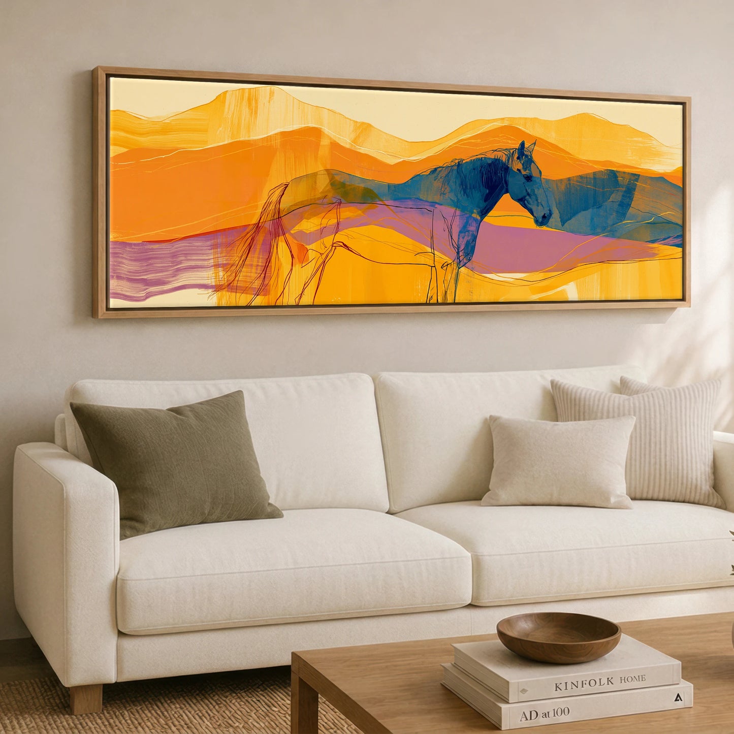 Cobalt and Amber Horizons Horse Landscape panoramic canvas wall art displayed above a sofa