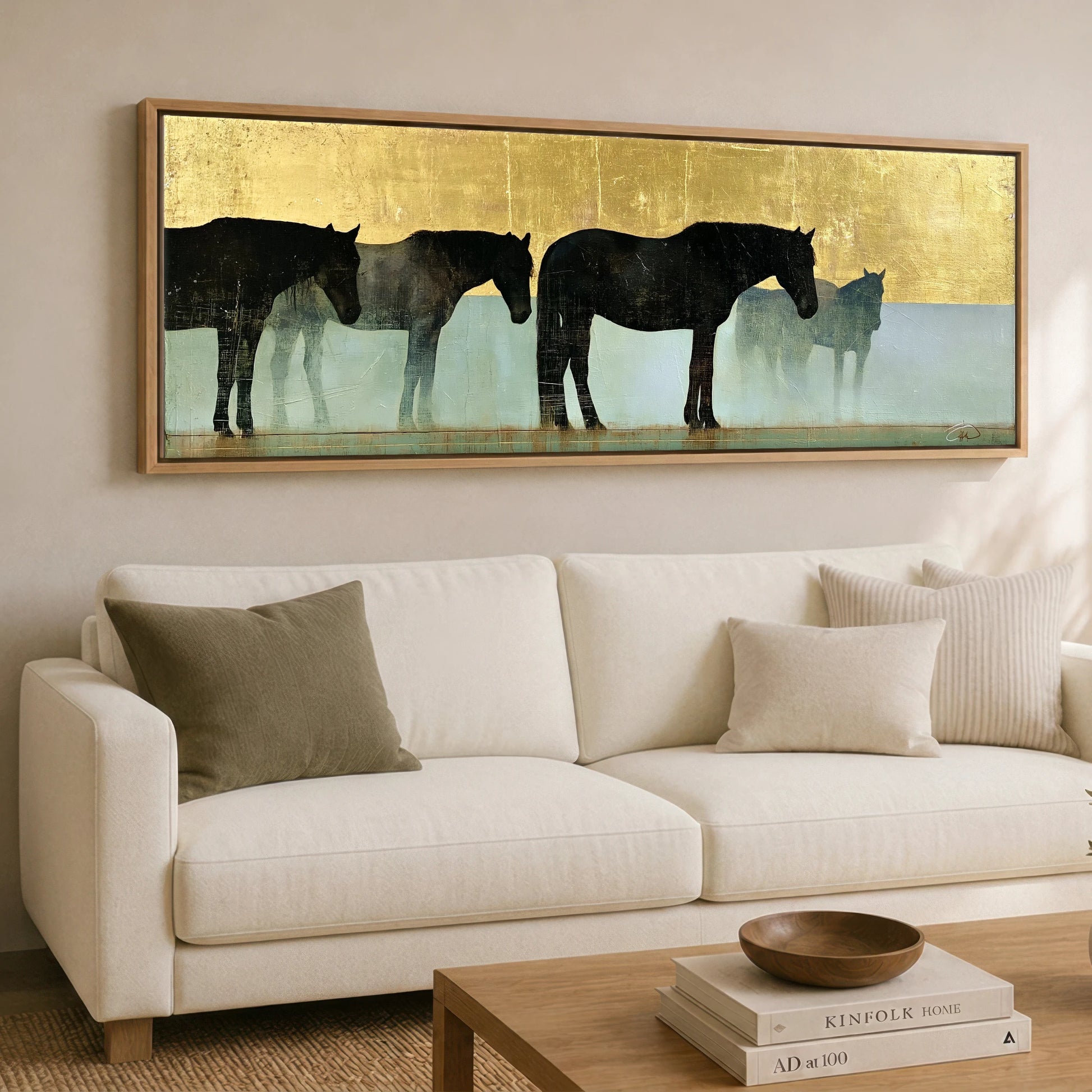 Gilded Equine Shadows Horse Landscape panoramic canvas wall art displayed above a sofa