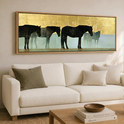 Gilded Equine Shadows Horse Landscape panoramic canvas wall art displayed above a sofa