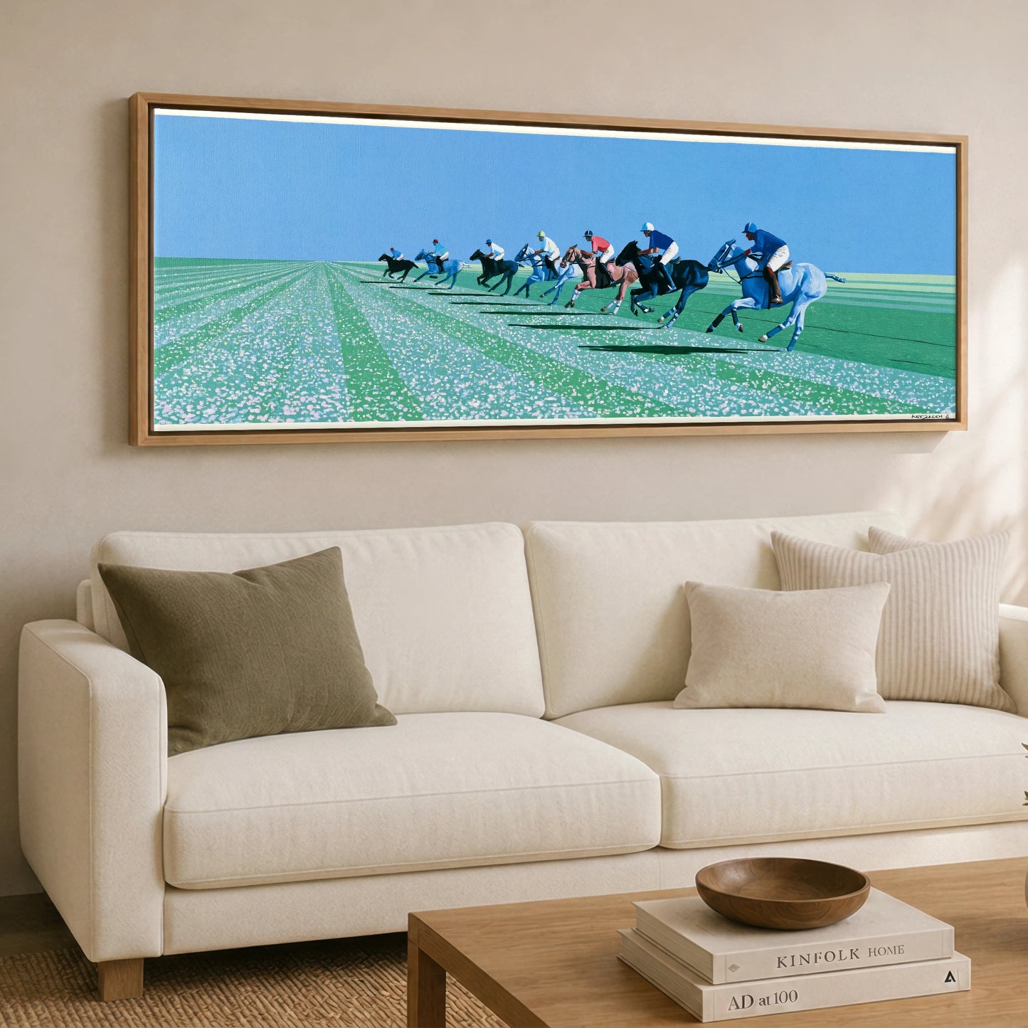 Rhythm of the Chukka Polo Horse panoramic canvas wall art displayed above a sofa