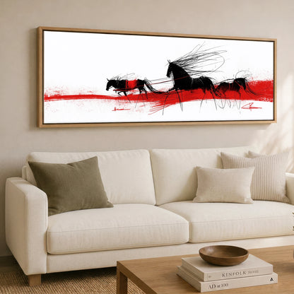 Crimson Traces Working Horse panoramic canvas wall art displayed above a sofa