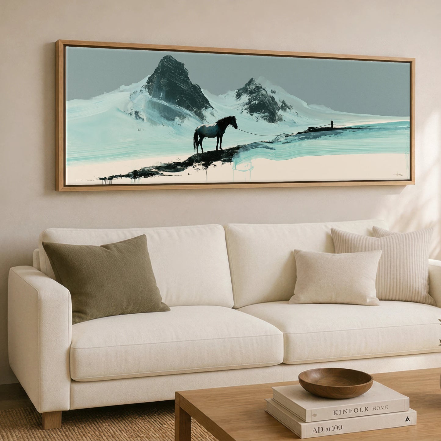 The Long Line Horse Landscape panoramic canvas wall art displayed above a sofa