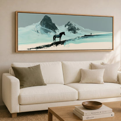 The Long Line Horse Landscape panoramic canvas wall art displayed above a sofa