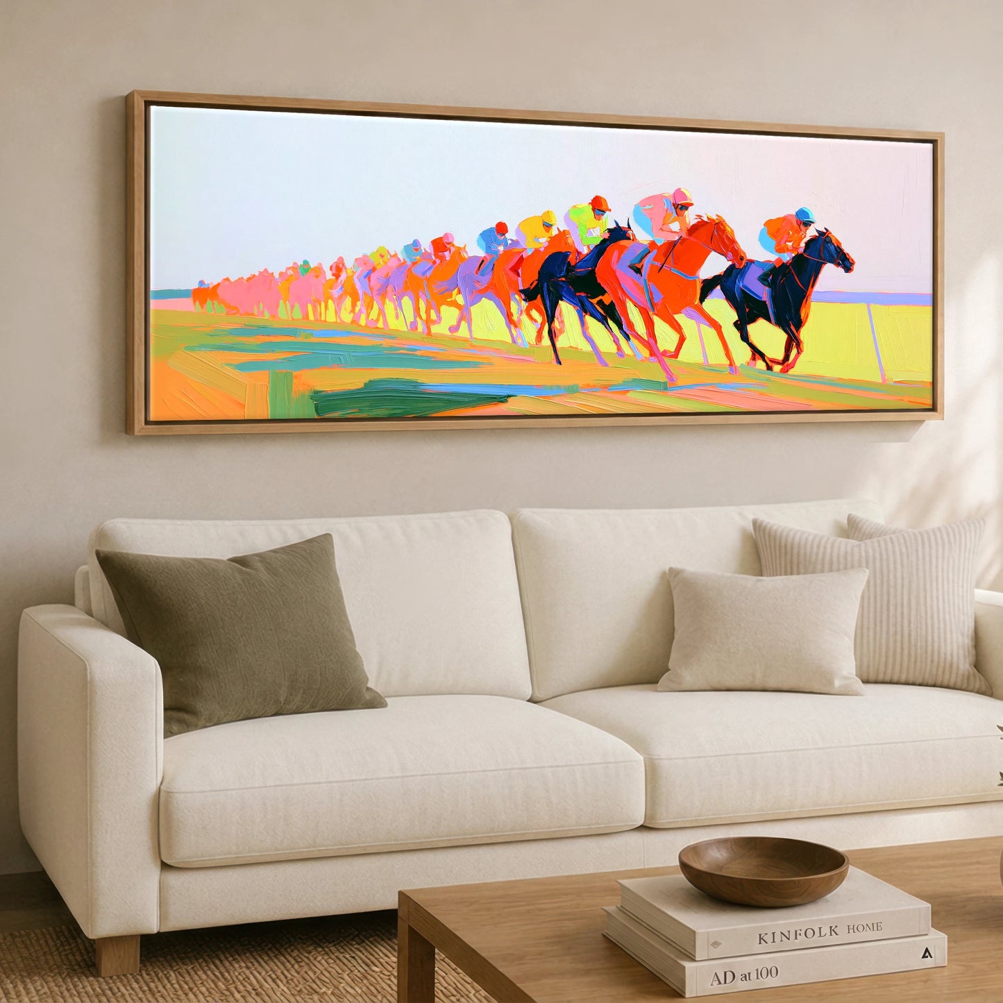 The Electric Sprint Racing Horse panoramic canvas wall art displayed above a sofa