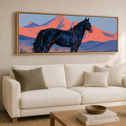 Coral Peaks and Indigo Horse Landscape panoramic canvas wall art displayed above a sofa