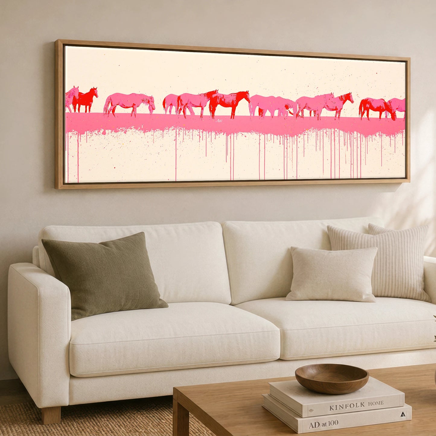 Vibrant Equine Wash Wild Horses panoramic canvas wall art displayed above a sofa