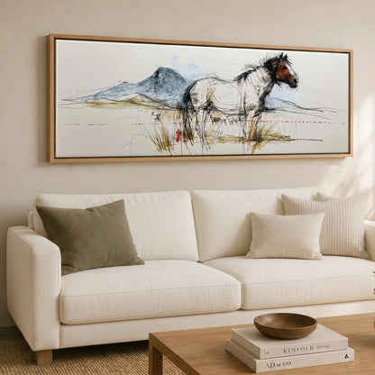 Wild Horizon Sketch Horse Landscape panoramic canvas wall art displayed above a sofa