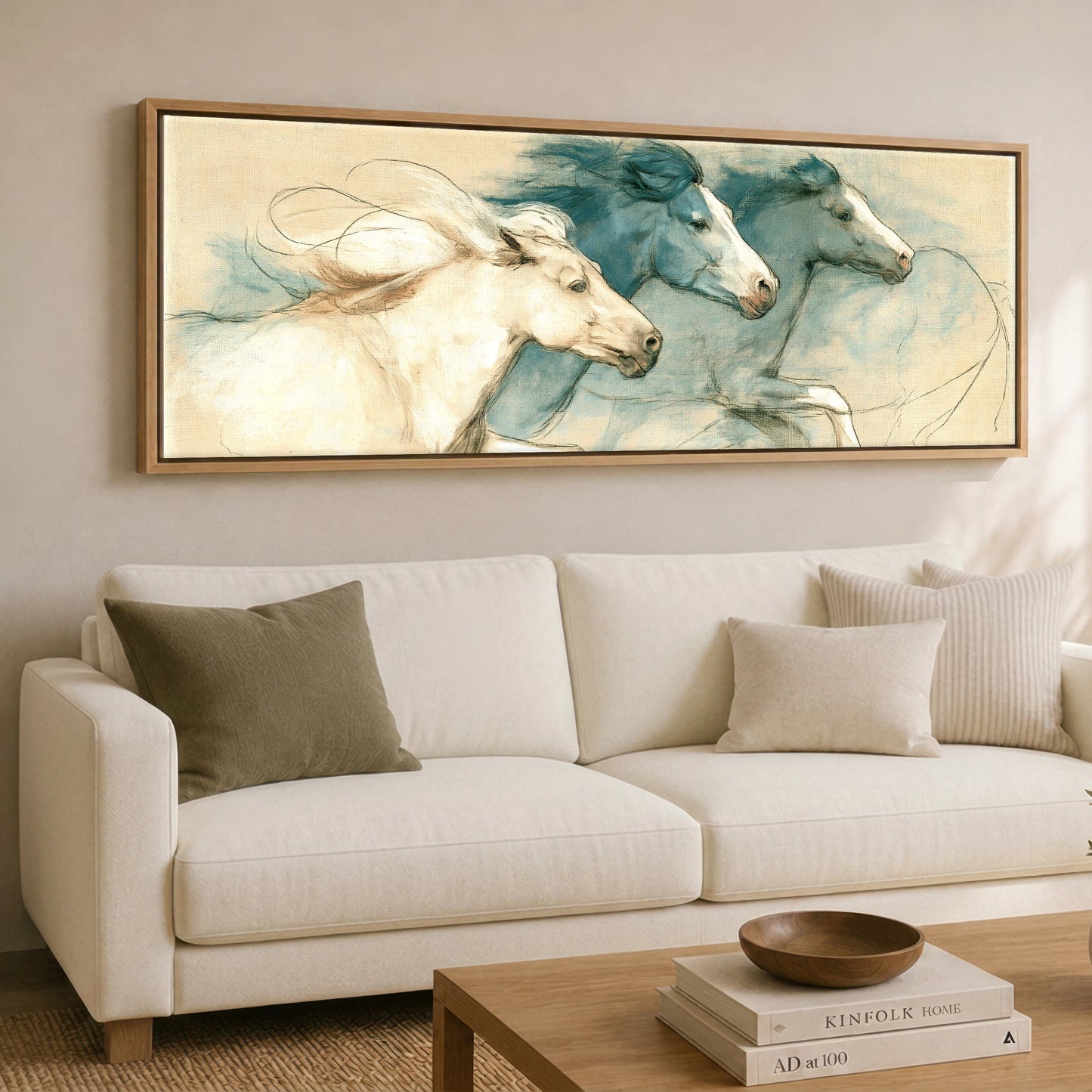 Azure Herd Study Horse Landscape panoramic canvas wall art displayed above a sofa