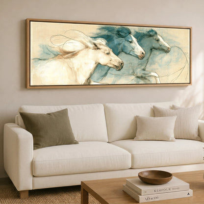 Azure Herd Study Horse Landscape panoramic canvas wall art displayed above a sofa