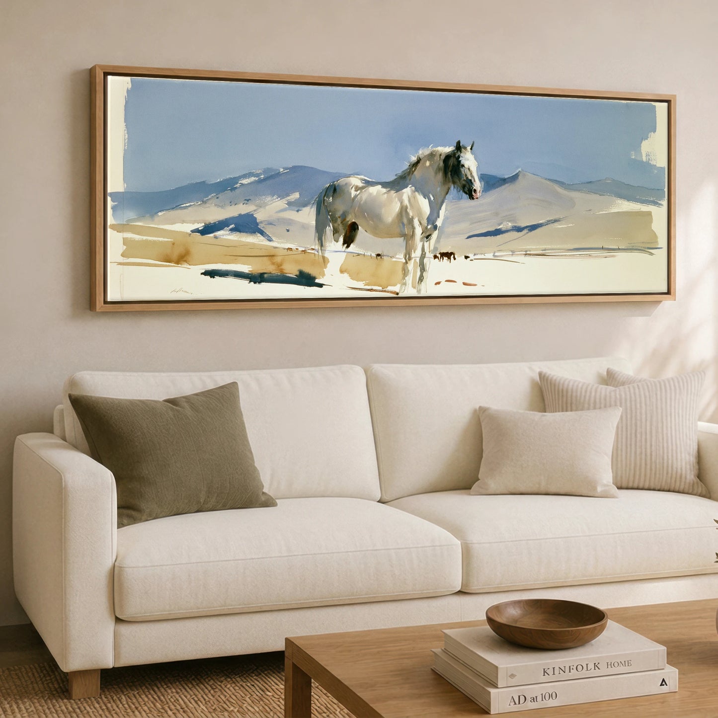 Stillness on the Range Horse Landscape panoramic canvas wall art displayed above a sofa