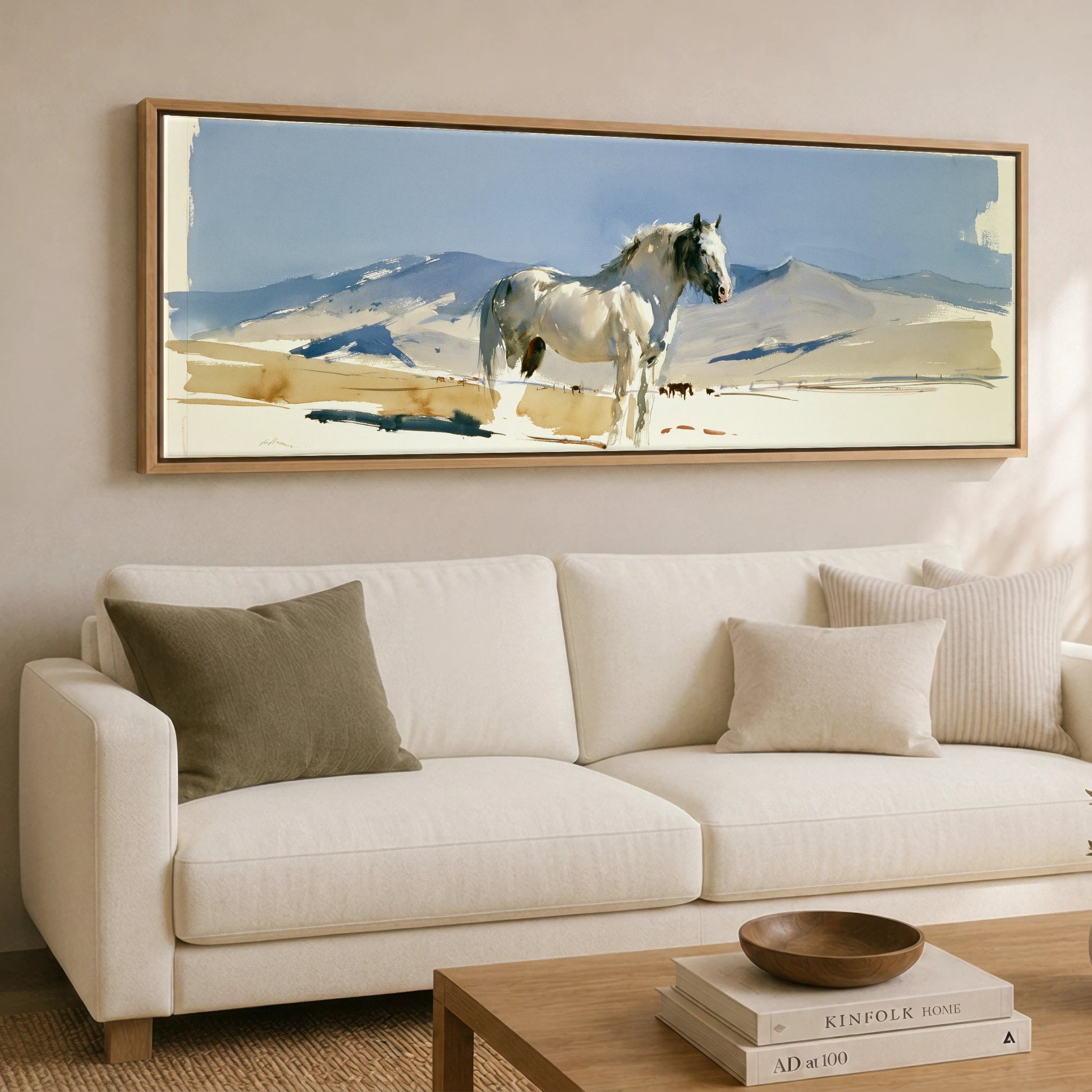 Stillness on the Range Horse Landscape panoramic canvas wall art displayed above a sofa